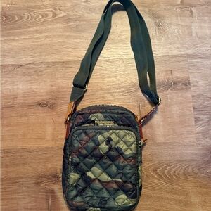 MZ Wallace Green and Brown Messenger Bag with Camouflage Design